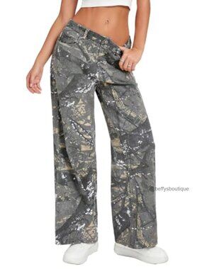 Baggy Wide Leg Camo Jeans Mid Rise Elastic Waist Denim Pants